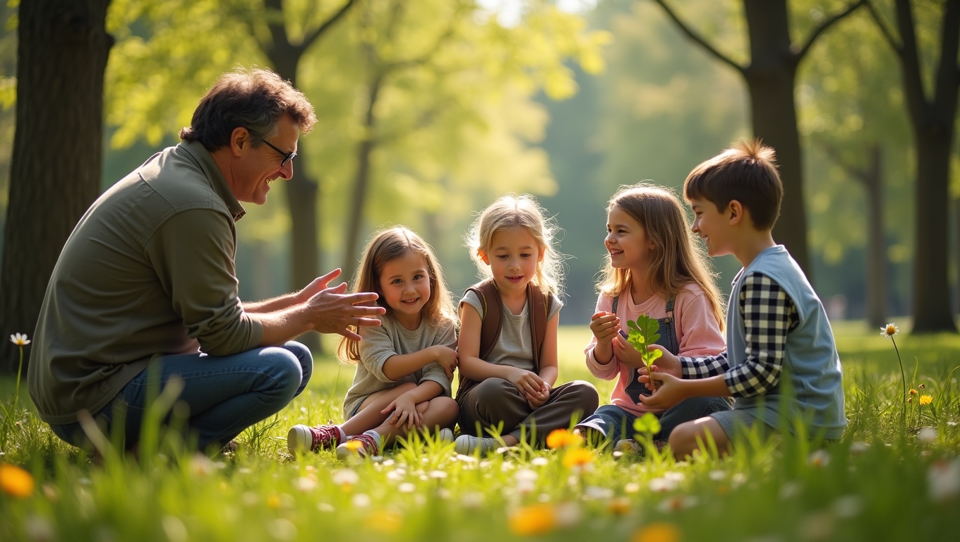Children learning about plants during a nature game