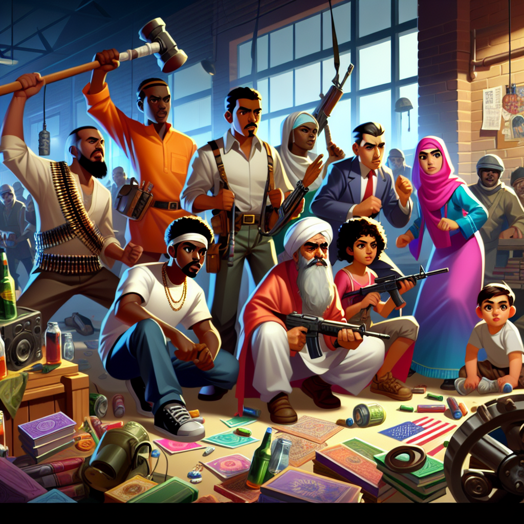 An in-game scene depicting a diverse group of characters working together.