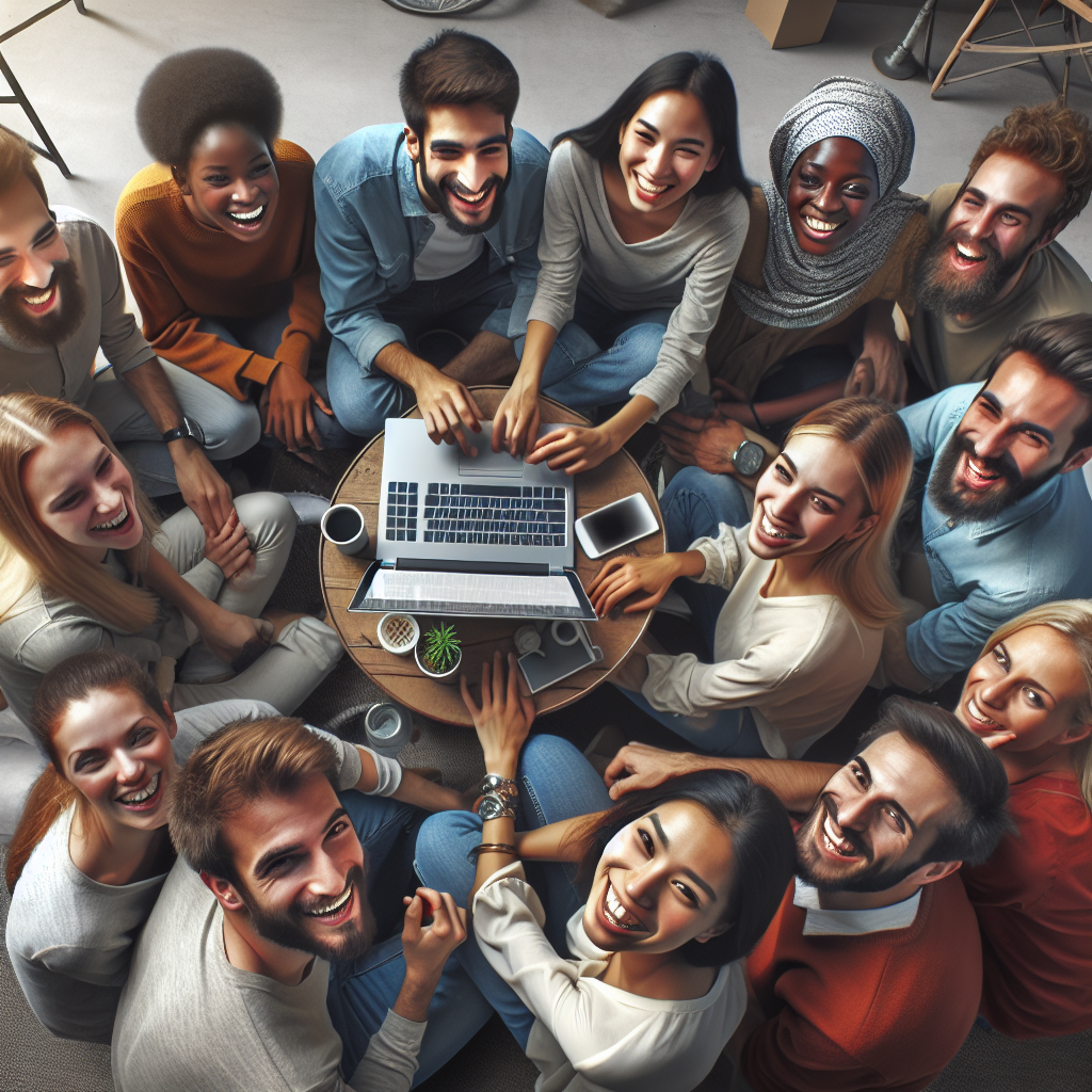 A group of friends communicating via video call, showing both connection and distance.