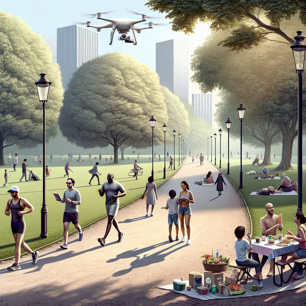 A peaceful park scene with people engaging in outdoor activities, illustrating the balance between technology and nature.