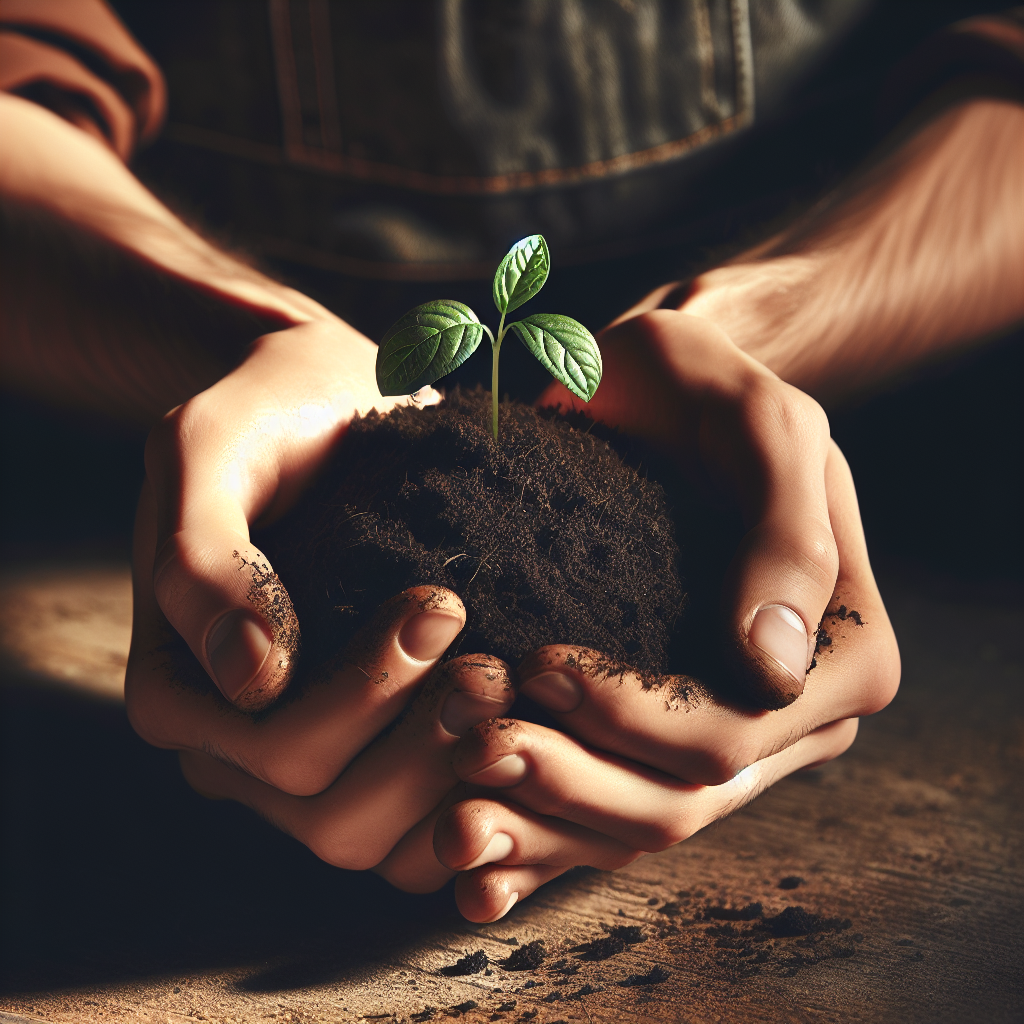 A close-up of a person’s hands holding soil with a small plant, representing growth and connection to nature.