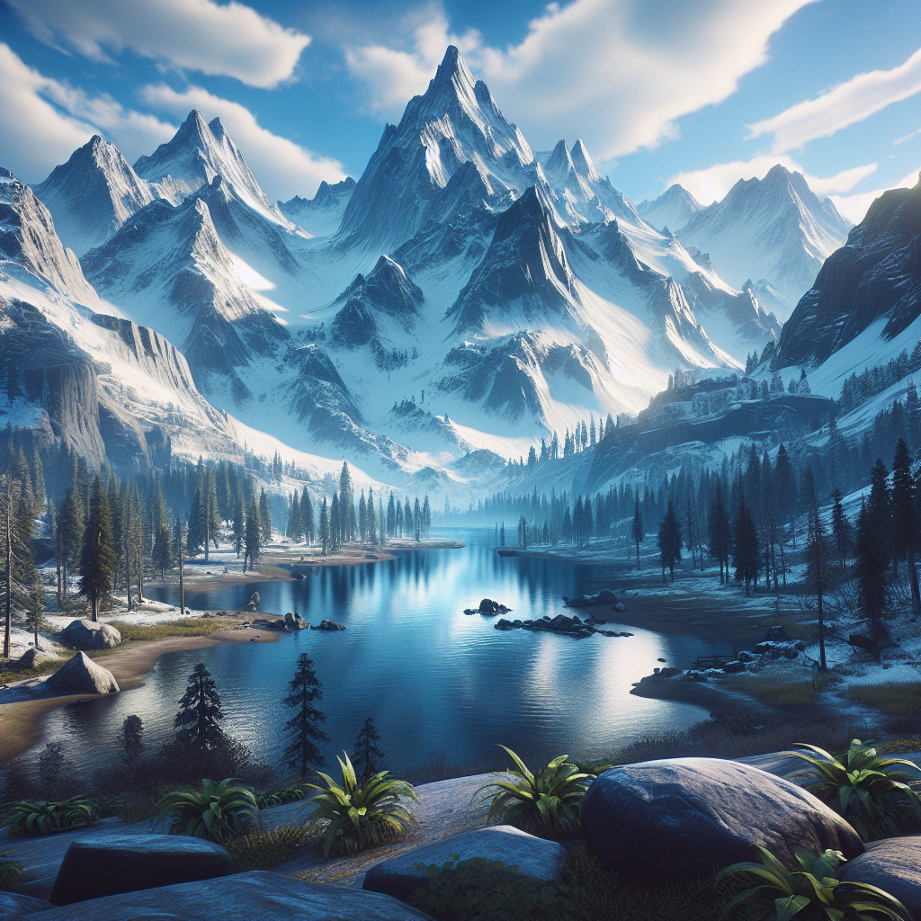 A serene mountain landscape in an adventure game