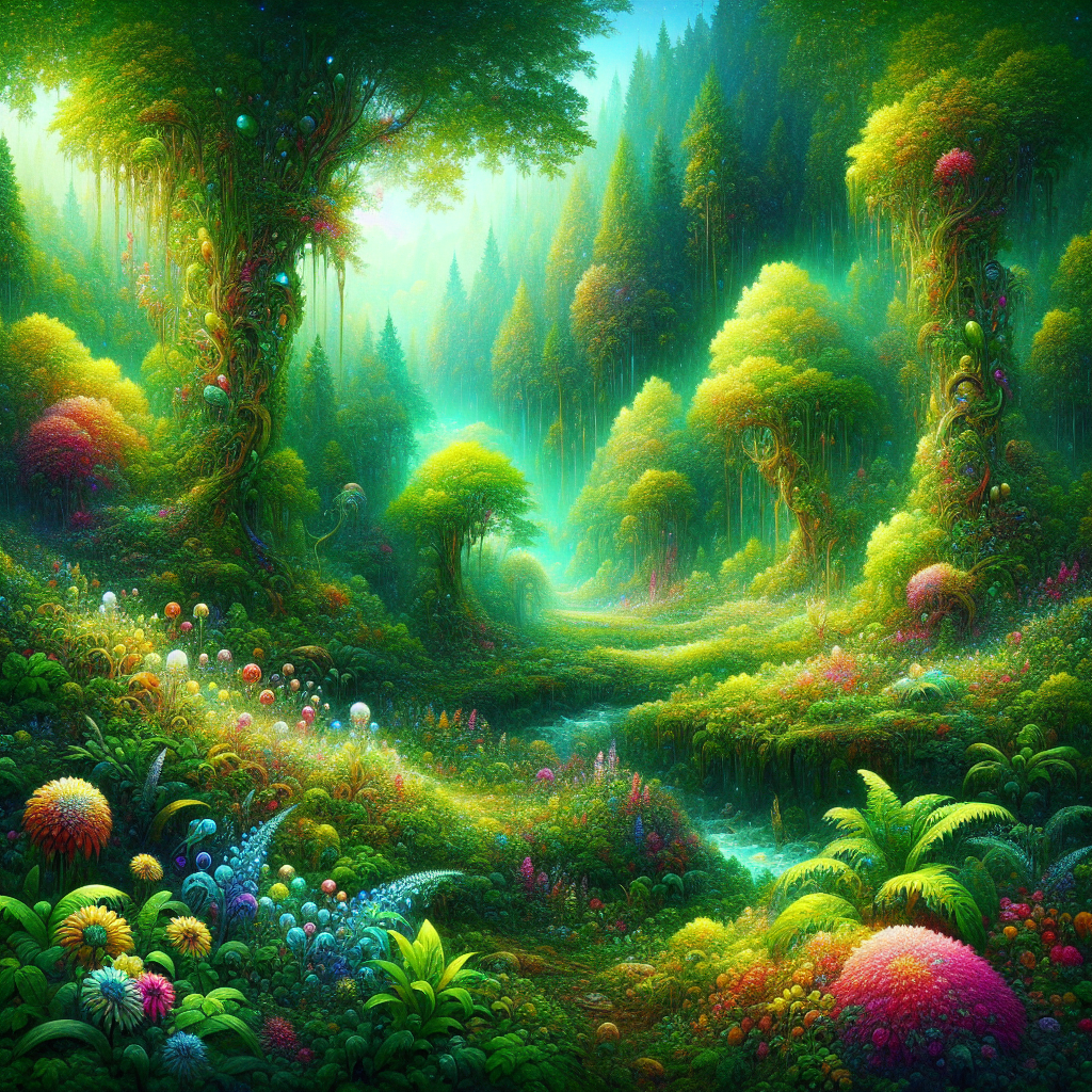 A vibrant forest scene in a fantasy video game