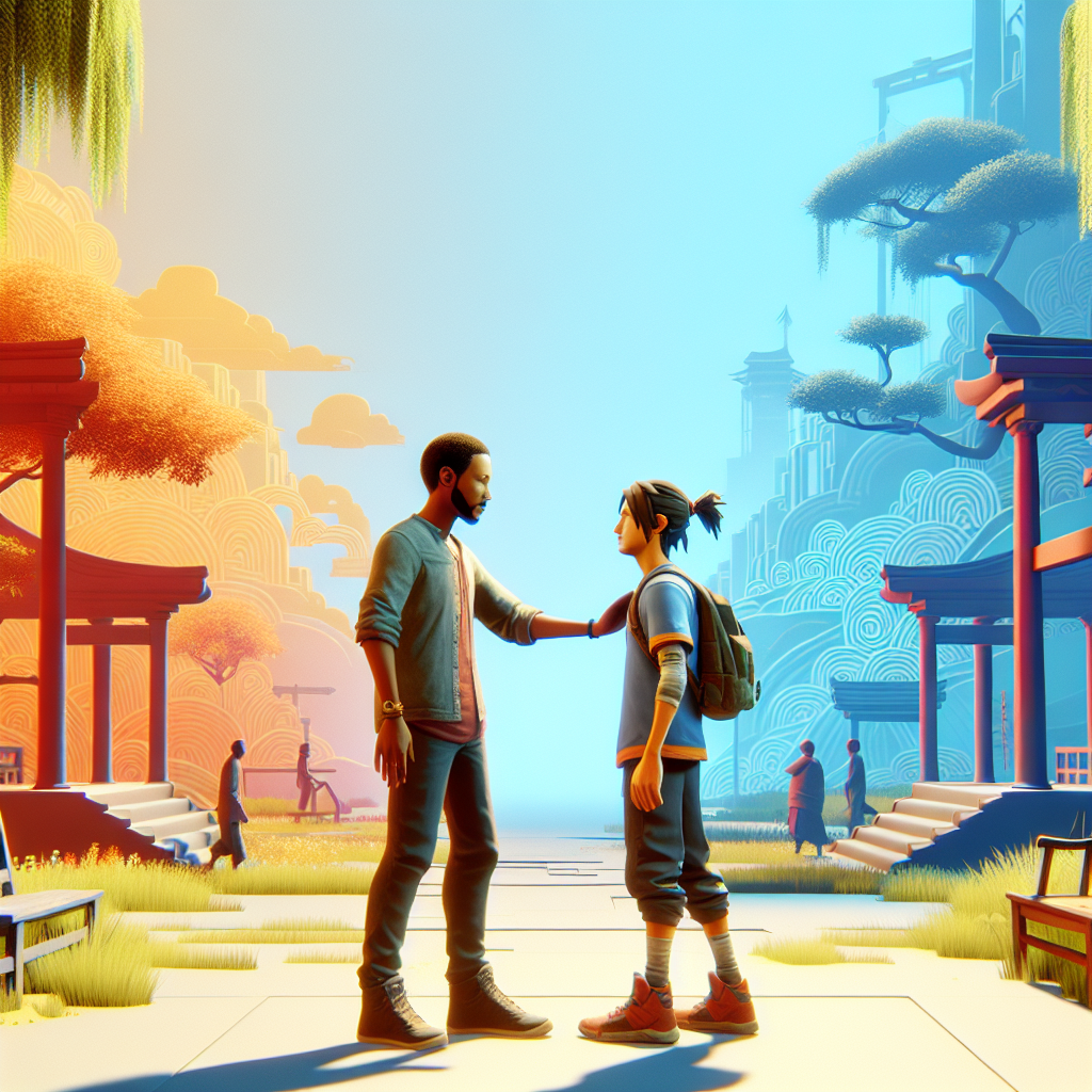A gaming scene depicting a supportive interaction between characters.