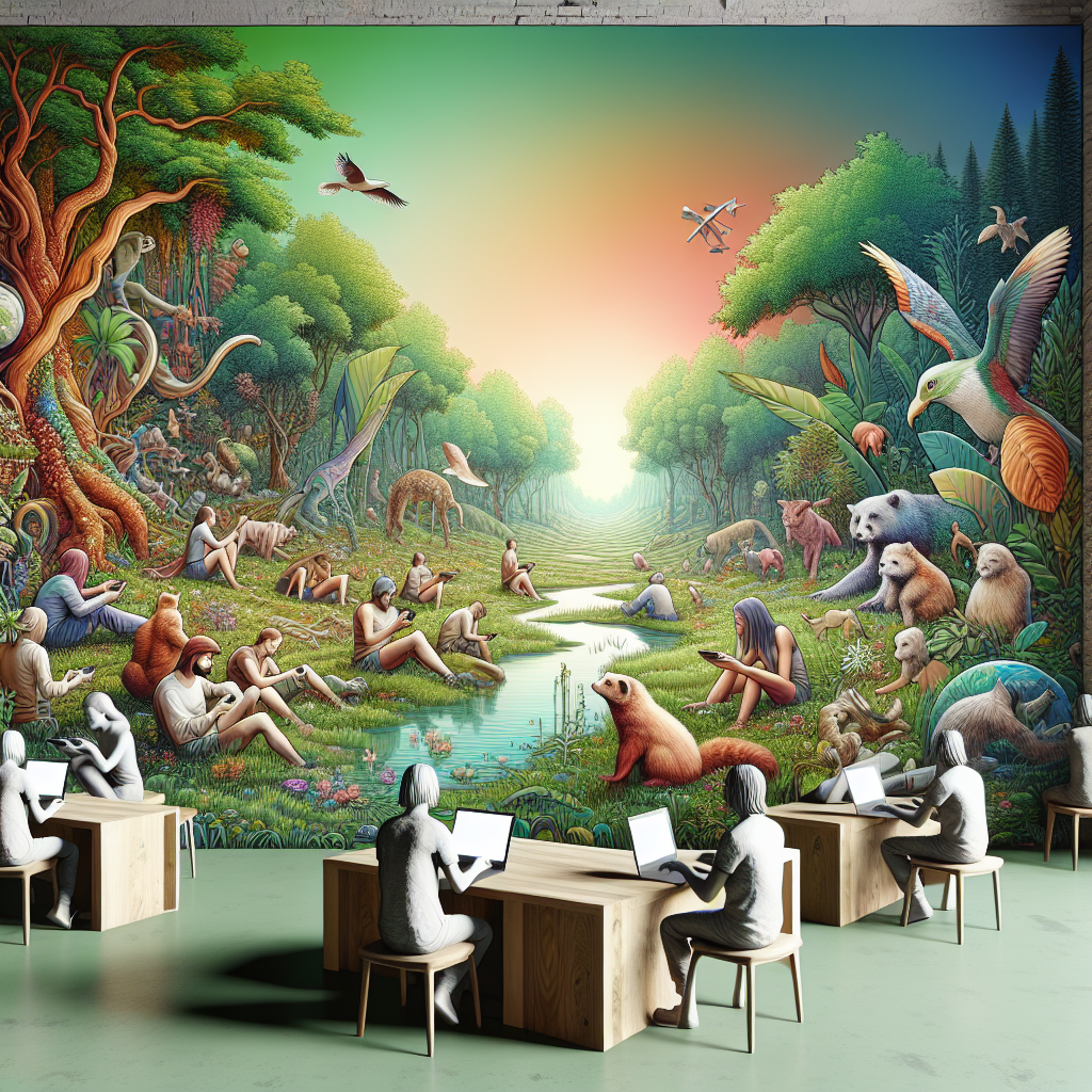 A vibrant scene depicting players engaging with nature-themed video games.