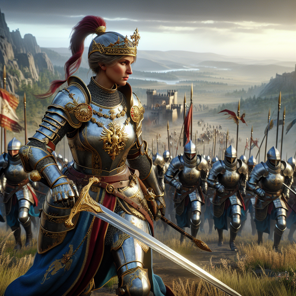 Joan of Arc depicted as a video game hero in battle armor