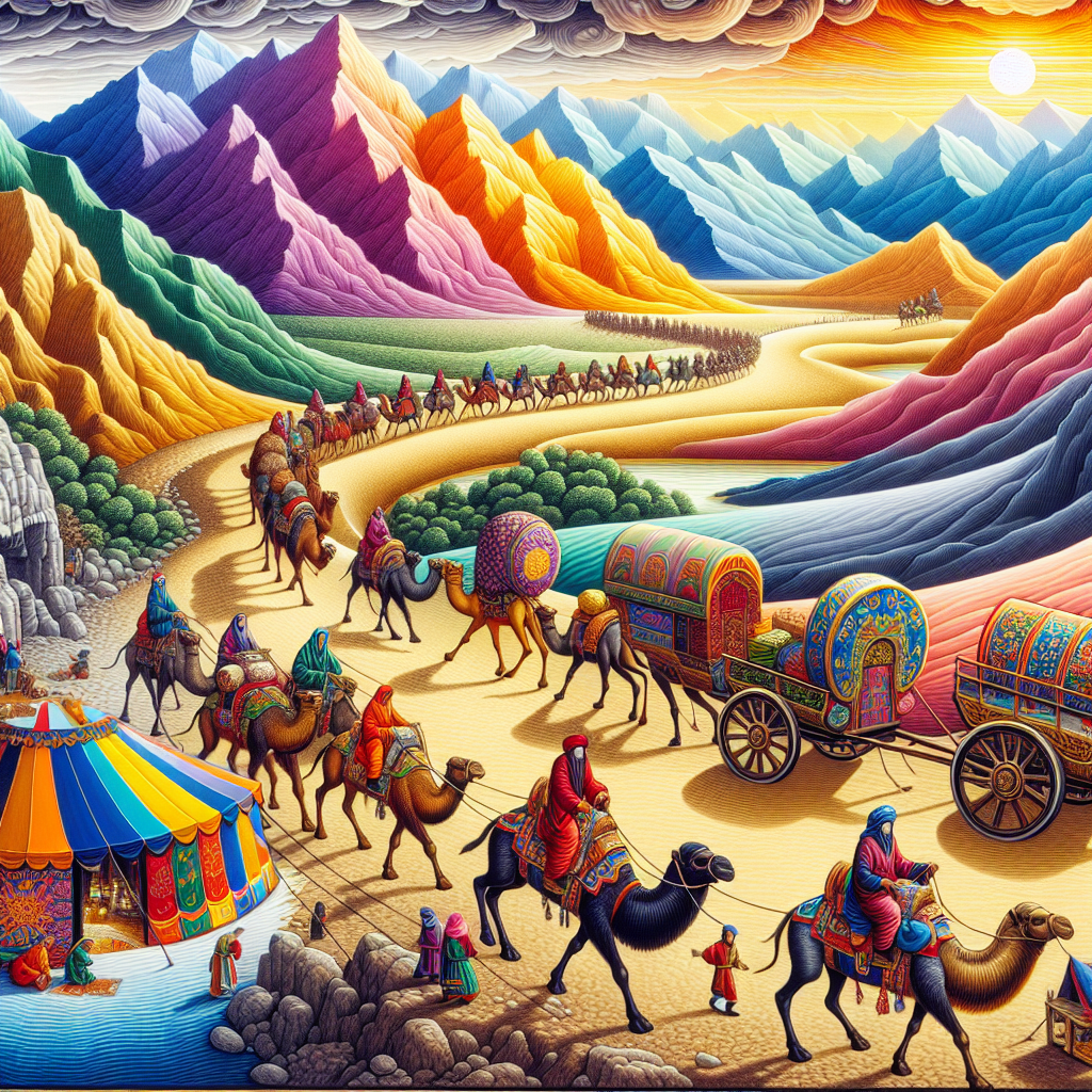 Silk Road caravan traveling through diverse landscapes