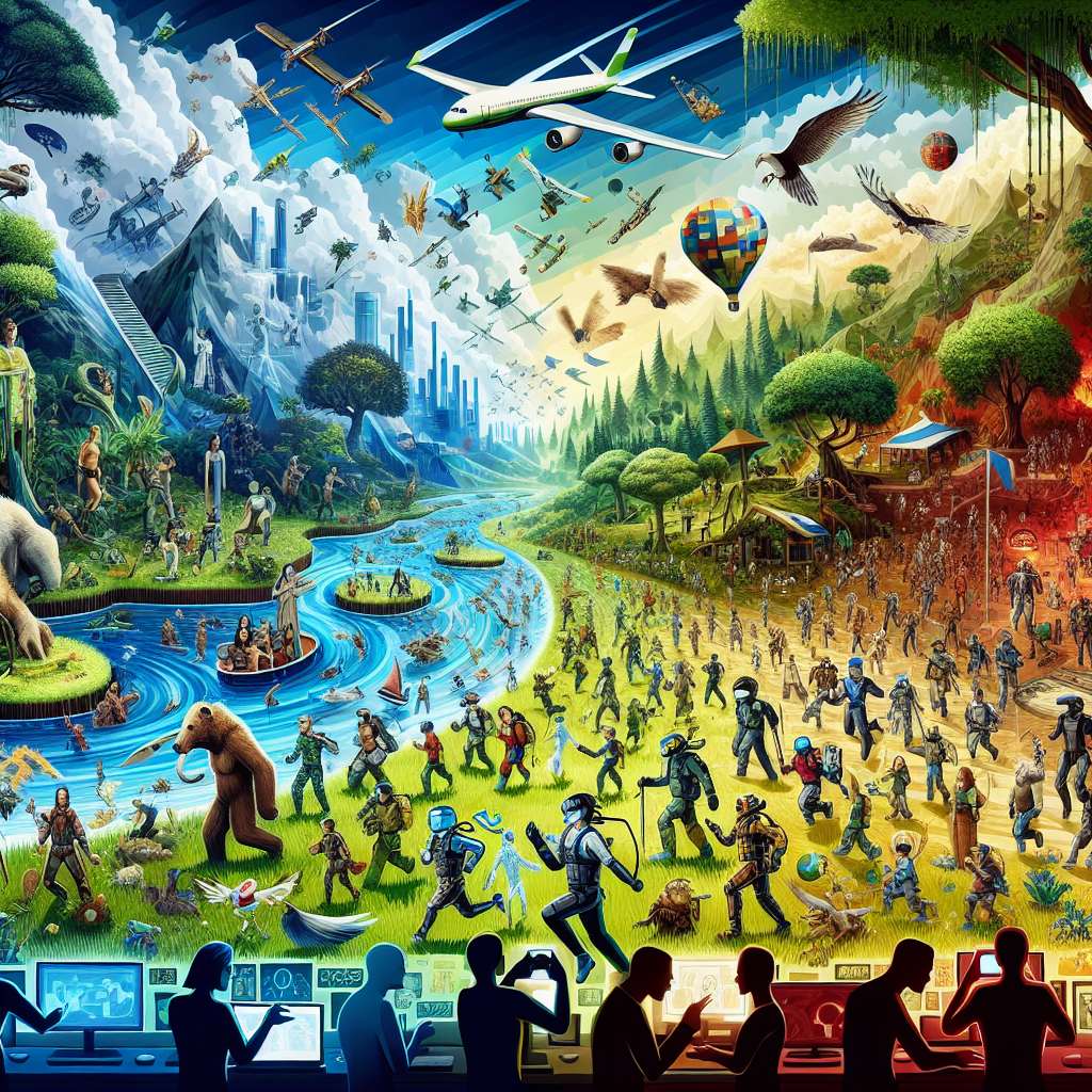 A vibrant illustration depicting various video games centered around environmental themes.
