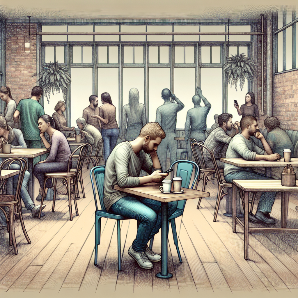 A person using a smartphone, looking isolated in a crowded room.