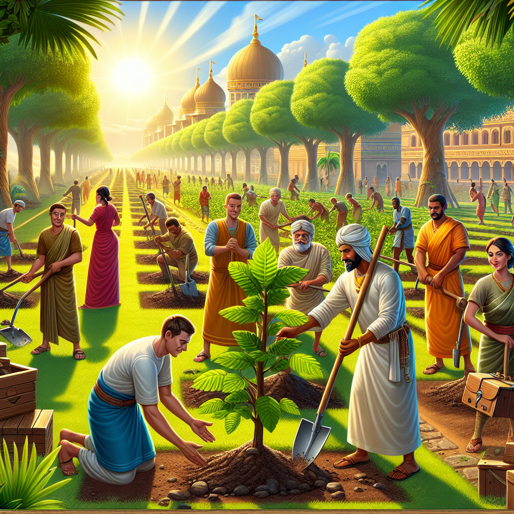A screenshot from a game showcasing an eco-friendly environment with players planting trees.