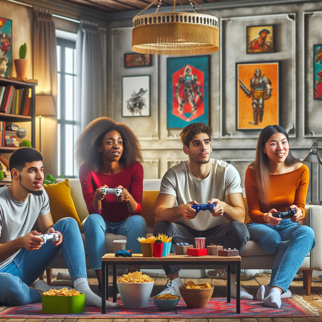 A diverse group of people playing video games together, showcasing community and identity.