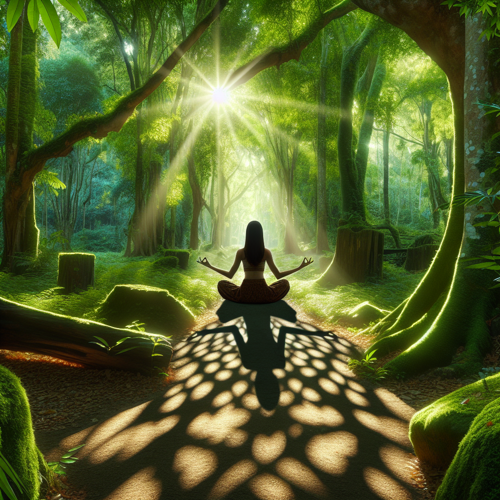A serene landscape showing a person meditating in nature, symbolizing the balance between technology and nature.