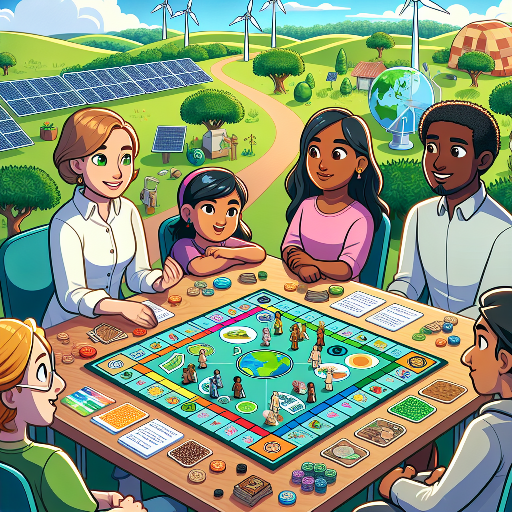 An illustration of a diverse group of characters discussing environmental strategies in a game setting.