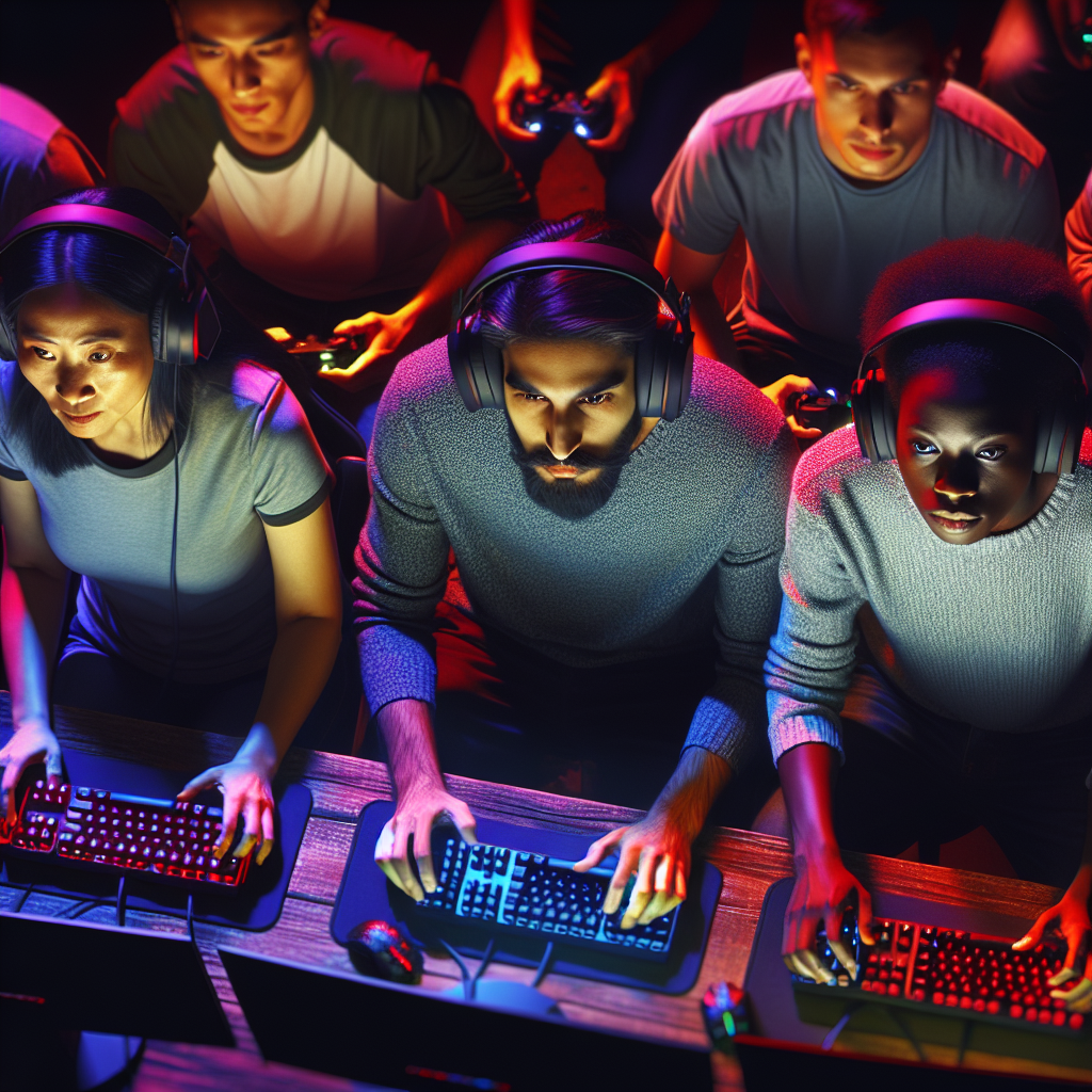 A group of gamers engaged in an online multiplayer game, displaying teamwork and strategy.