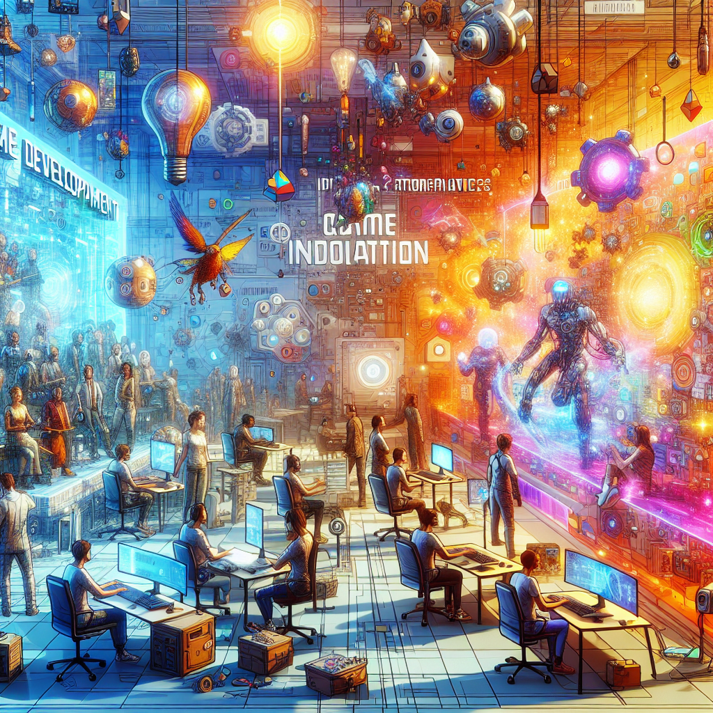 A futuristic game development scene showing advanced technologies in storytelling.