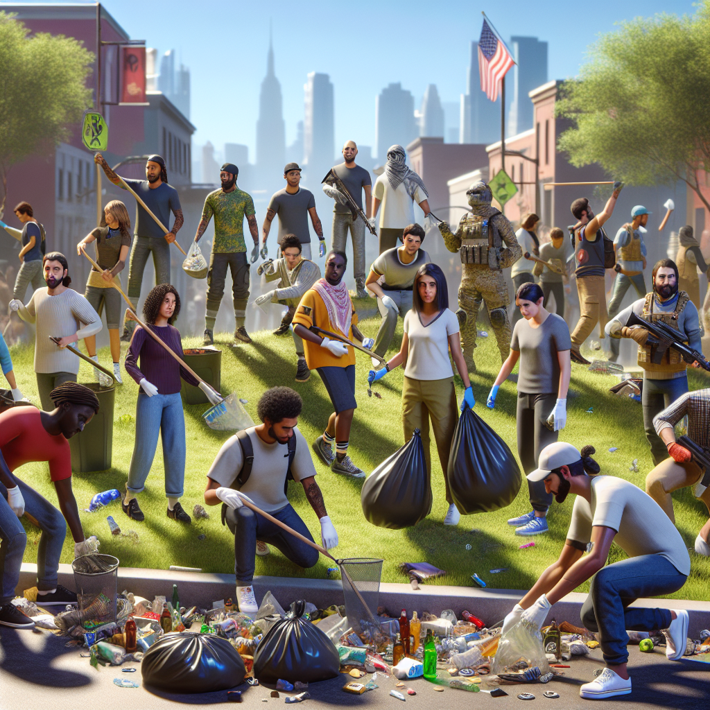 Gamers participating in a community clean-up event inspired by eco-conscious gaming.