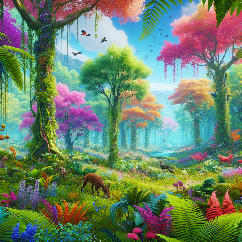 A screenshot of a nature-themed video game showcasing a vibrant forest