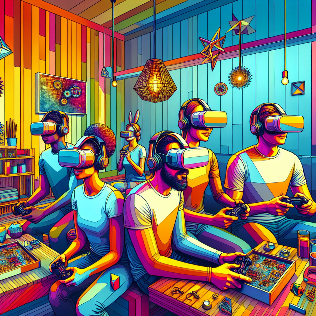 A diverse group of gamers immersed in a virtual reality experience, reflecting on humanity.