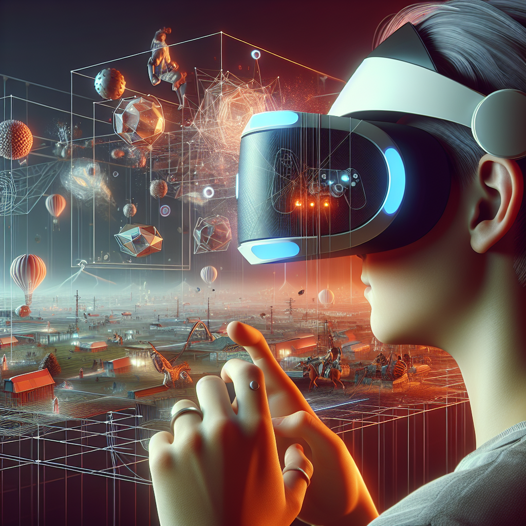 A gamer using a VR headset immersed in a virtual environment.