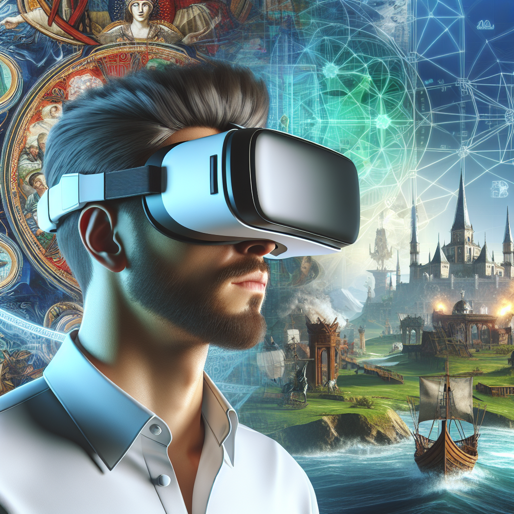An immersive virtual reality gaming setup with a player wearing a VR headset.