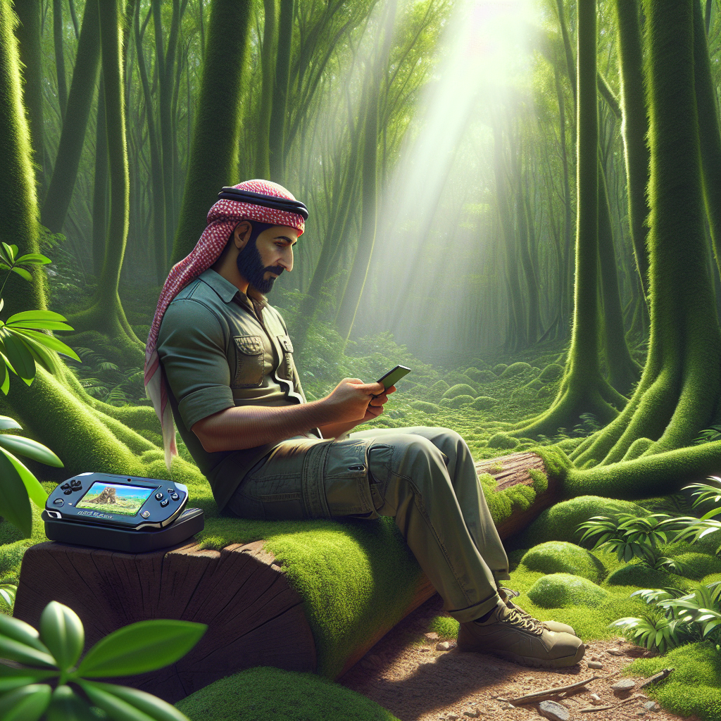 A person playing a nature-themed video game in a forest