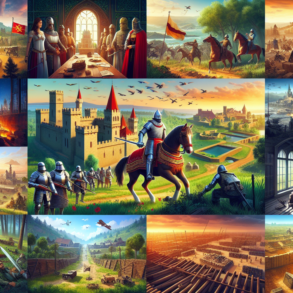 A collage of video game scenes depicting various historical themes.