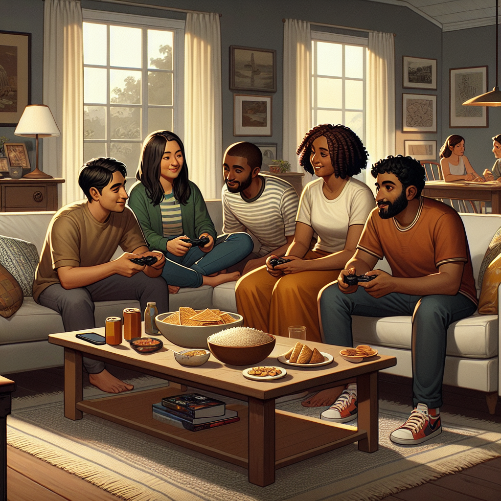 A diverse group of gamers discussing their experiences in a cozy gaming environment.